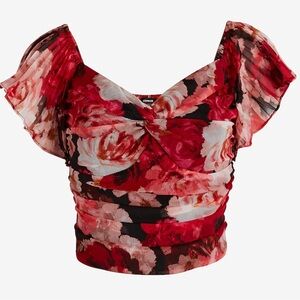 Floral Sweetheart Neckline Flutter Sleeve Top